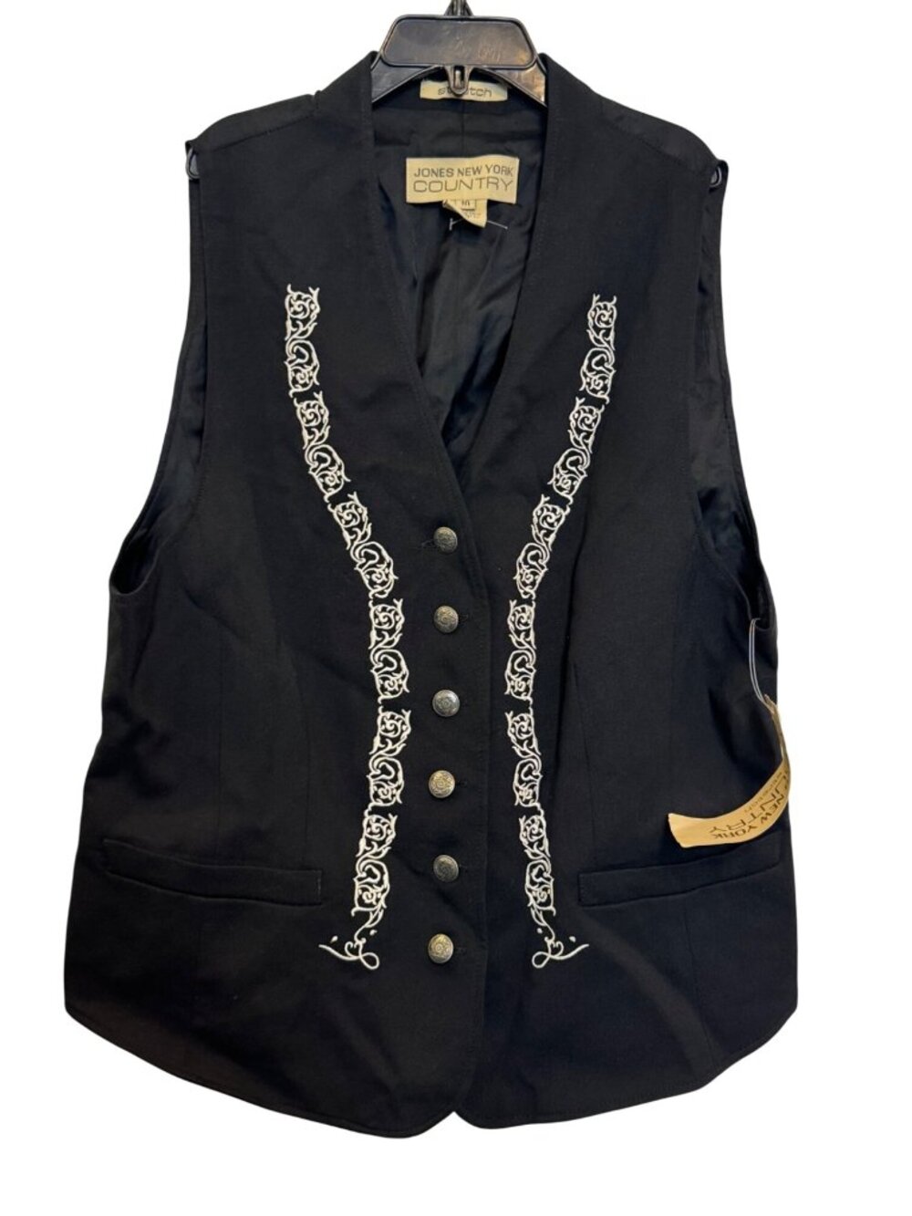 Vintage Jones New York Country Black Vest With Embroidered Trim Size 10 Wool Ble